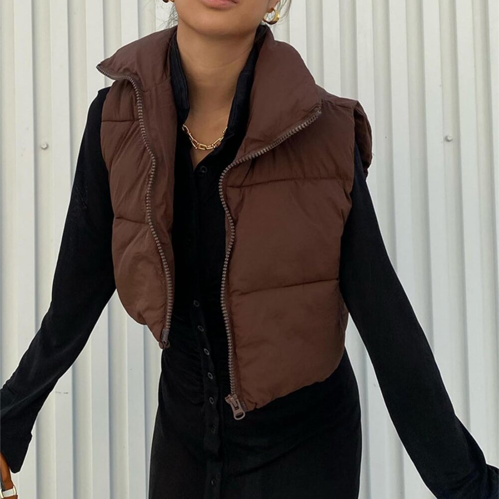 Women's Coffee Fashion High Neck Zipper Cropped Puffer Vest Jacket Coat Cardigan - Picture 3 of 6